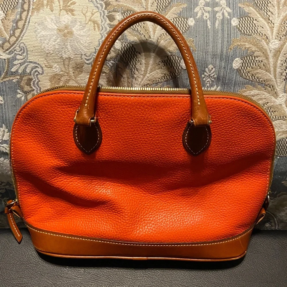 Dooney & Bourke Bright Orange Pebble Leather Dome Satchel with Brown Trim - Picture 5 of 8